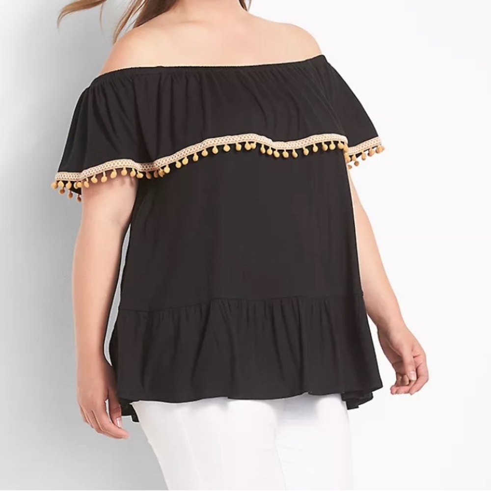 Lane‎ Bryant Swing Off The Shoulder Tiered Top Bobble Embroidered Trim Detail